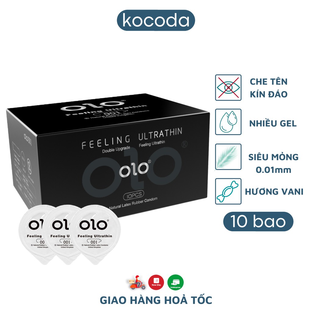 Bao Cao Su OLO Đen Siêu Mỏng 0.01 Feeling Ultra Thin Hương Vani Hộp 10 Bao - KOCODA