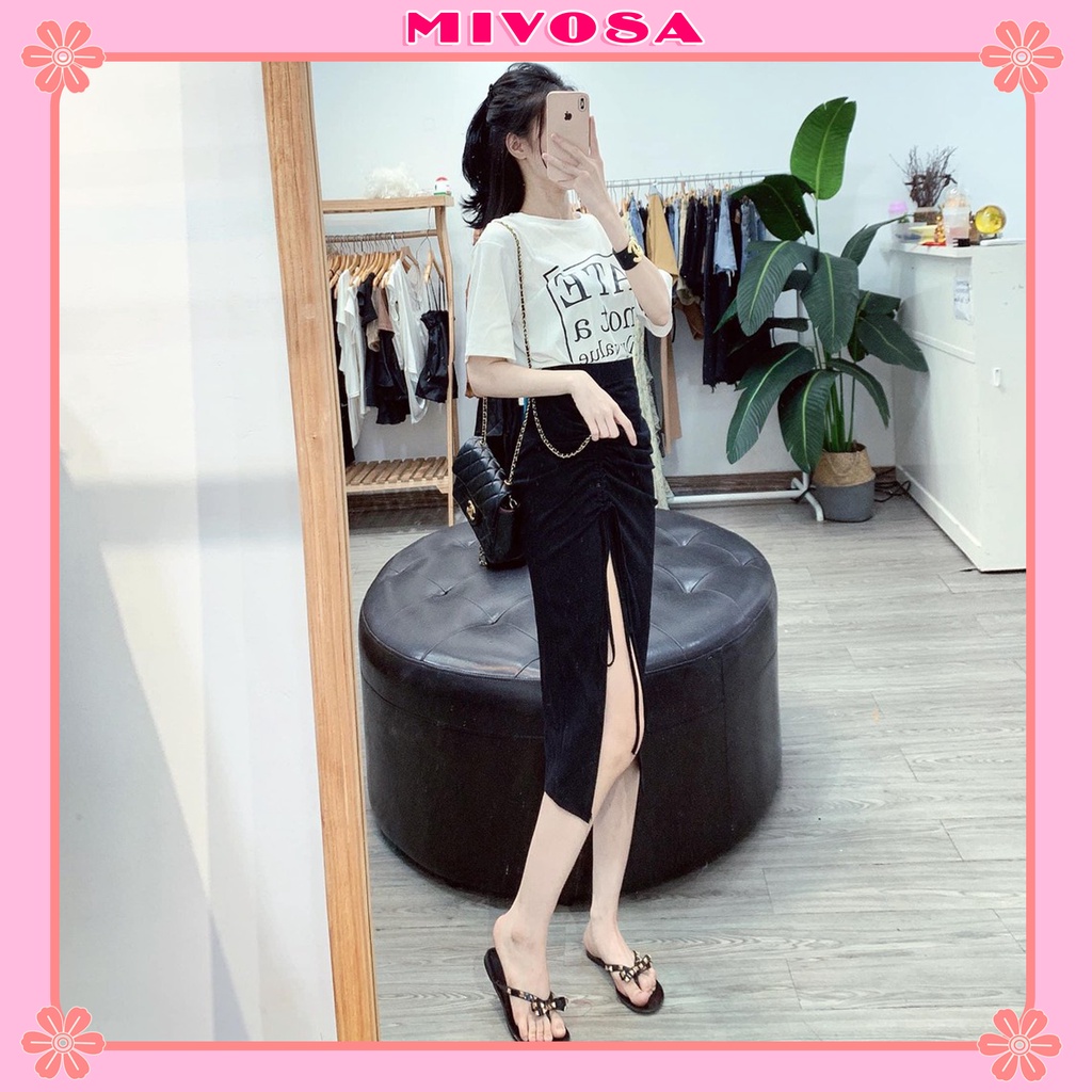 Set chân váy xẻ tà đầm dây rút dáng dài mix áo phông chữ MIVOSA SV002