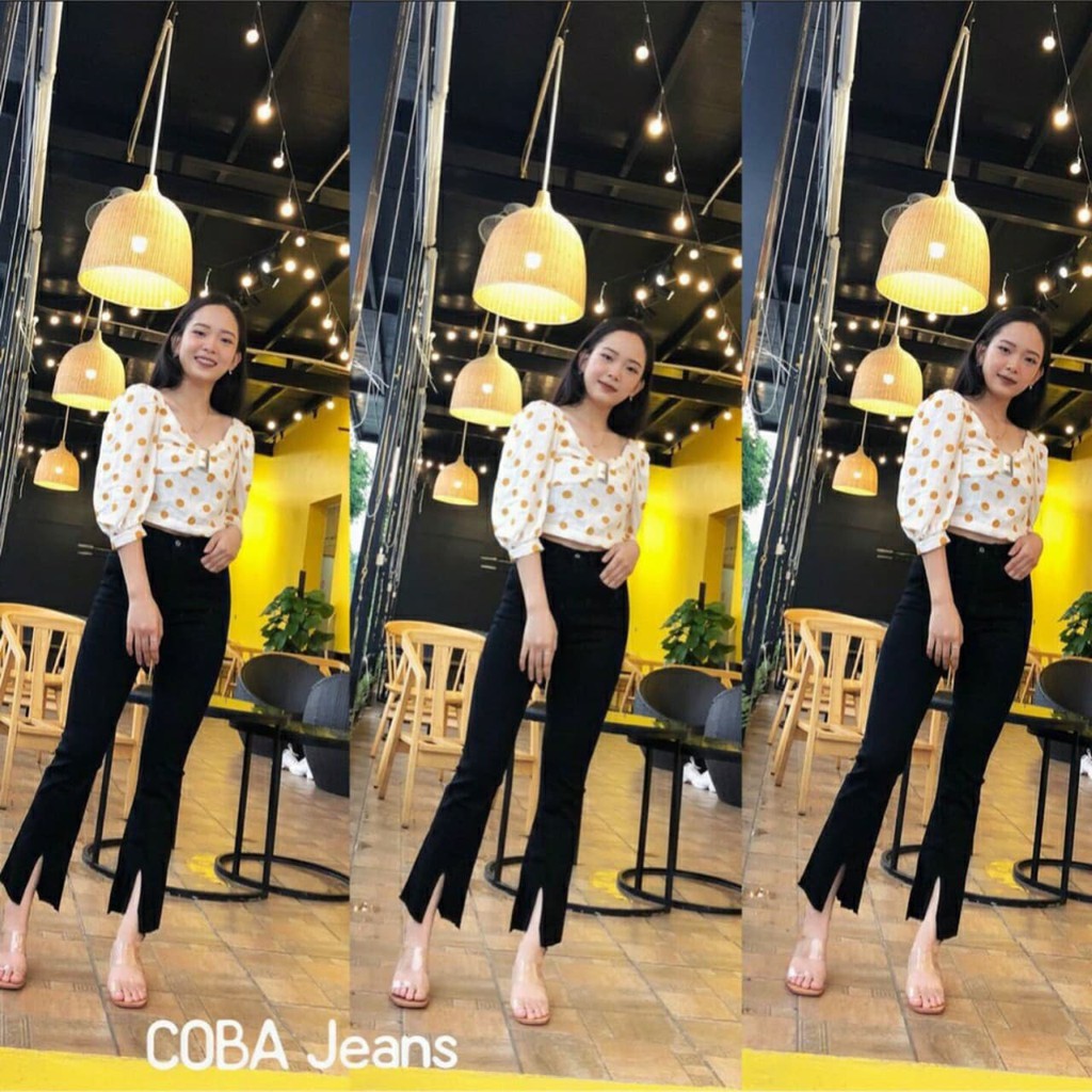 Quần Jeans Đen Ống Loe Ống xẻ