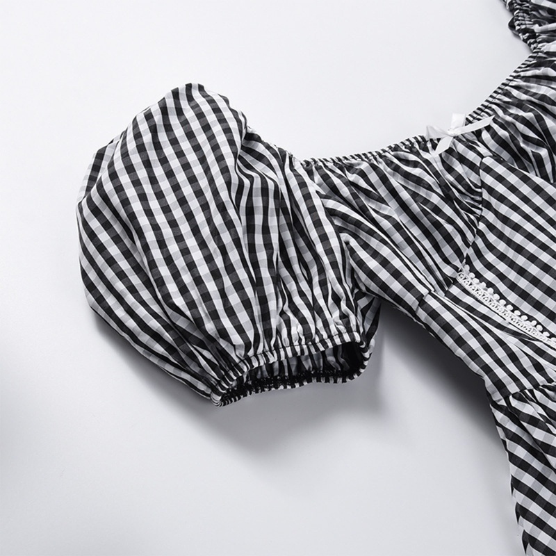 Đầm Tay Ngắn Phồng Cổ Chữ V Họa Tiết Kẻ Ô Thắt Nơ Eo Cao Phong Cách Gothic Cổ Điển Quyến Rũ Dành Cho Nữ