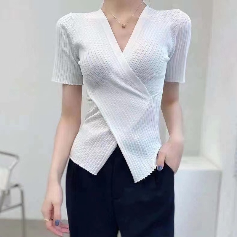 SUXI Áo Thun Dệt Kim Tay Ngắn Cổ Chữ V Màu Sắc Trơn Phong Cách Vintage Dành Cho Nữ