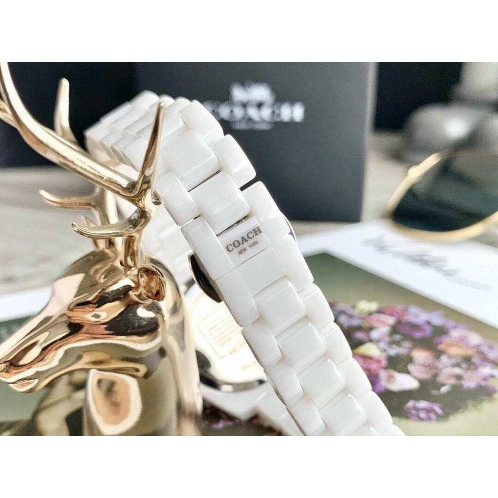Đồng Hồ Nữ Coach Dây Đá Ceramic Trắng Vỏ Vàng Hồng 32mm