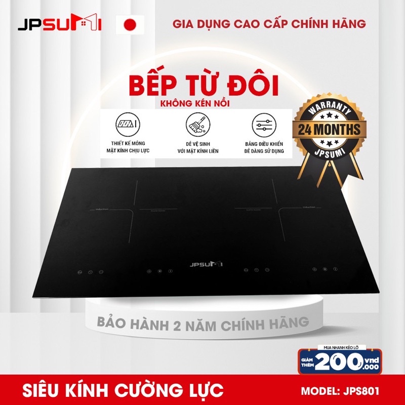 Bếp từ đôi chính hãng jpsumi, model jps801 siêu kính cường lực, bảo hành 2 năm