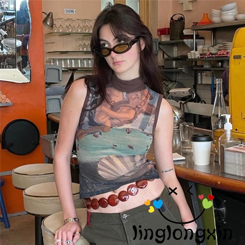 Linglongxi2-áo Tank Top Ôm Dáng Màu Nâu / Xanh Lá Cây Trừu Tượng Phong Cách Vintage Kích Thước S / M / L