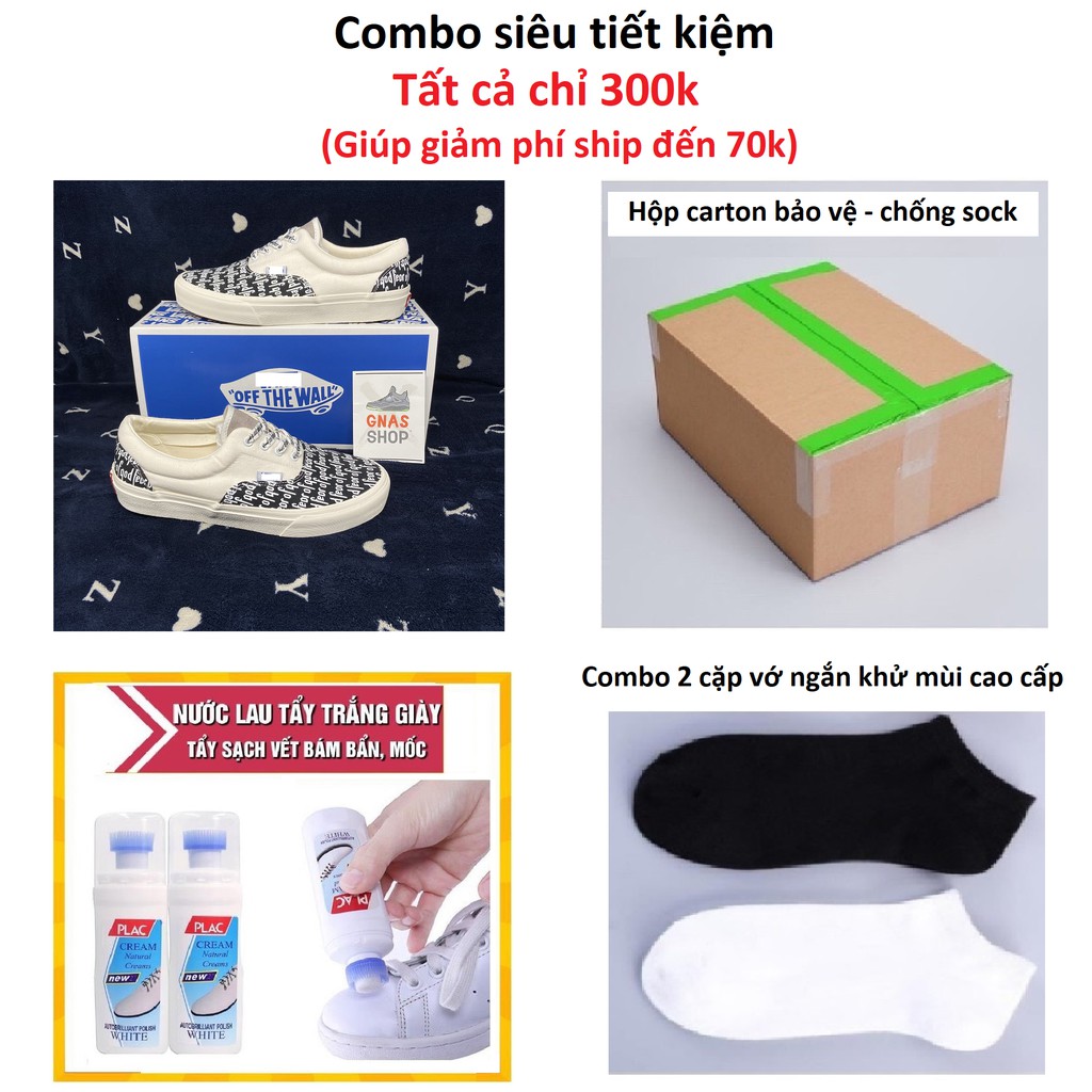 Giày thể thao nữ nam trắng đen in chữ - đế màu kem