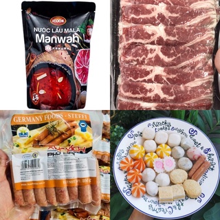 [CHÍNH HÃNG] Combo lẩu chuẩn vị nhà hàng 4  món (nước lẩu, ba chỉ bò, xúc xích phô mai, viên thả lẩu) siêu tiện l