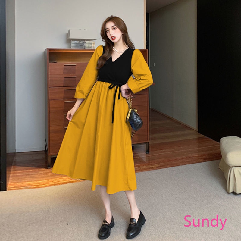 Đầm tay dài cổ chữ v thời trang mùa xuân phong cách hàn quốc cho nữ