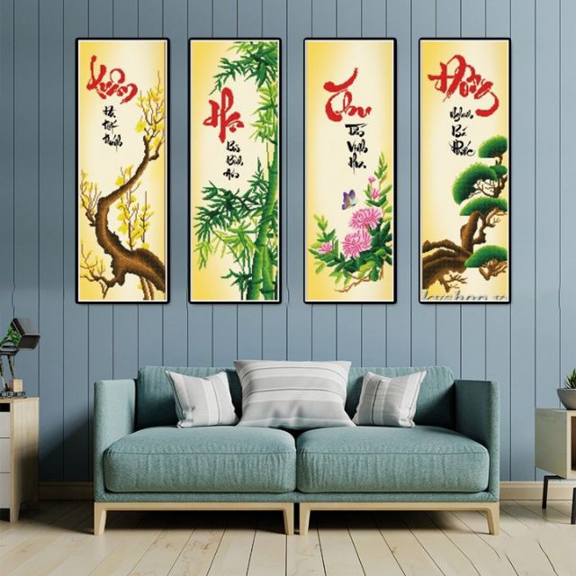 Tranh đính đá tứ quý Xuân Hạ Thu Đông tùng cúc trúc mai df253(124*85)