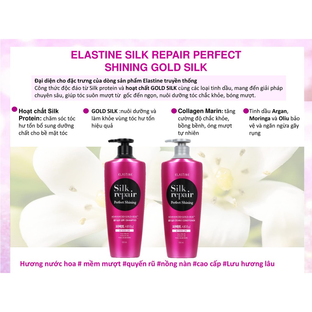 Kem xả chăm sóc và nuôi dưỡng tóc Elastine Silk Repair Perfect Shining Gold Silk 550ml