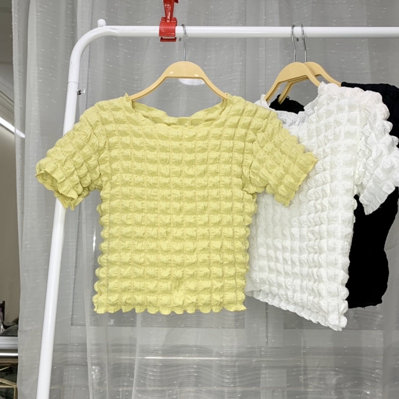 Áo Croptop Chất Caro Xốp Nữ Thun kiểu body cộc tay dáng ôm viền bèo tiểu thư đường phố hàn quốc