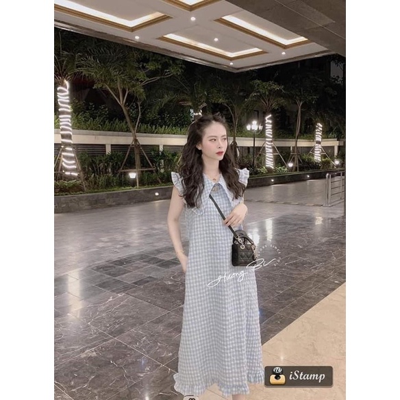 Váy Kẻ Suông Sát Nách Cổ Bèo V 6 Màu Siêu Xinh