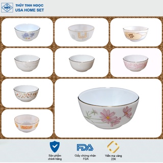 Bát ăn cơm đáy to viền vàng các mẫu hoa văn Thủy Tinh Ngọc USA Homeset cao cấp nhập khẩu chính hãng