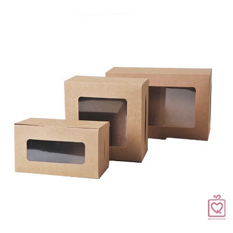 Hộp kraft cửa sổ mặt mica kèm khay đựng bánh, hộp quà tặng bánh kẹo kèm nơ gai Vintage