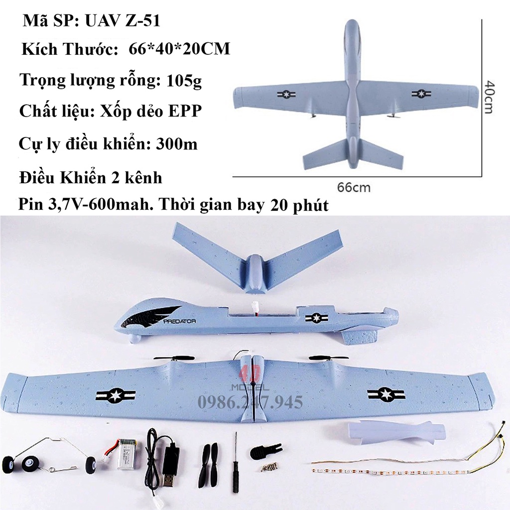 UAV MQ-9 Reaper Điều Khiển Từ Xa. Size 40*66*20CM. Pin 3,7V/600mAh Bay 25 phút. Xốp dẻo EPP siêu bền