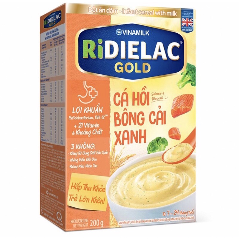 Bột Ăn Dặm Ridielac Gold Gà Rau Củ/ heo bó xôi/ yến mach sữa/ vị ngọt/ gạo và trái cây/ cá hồi bônh cải xanh/vị mặn 200g