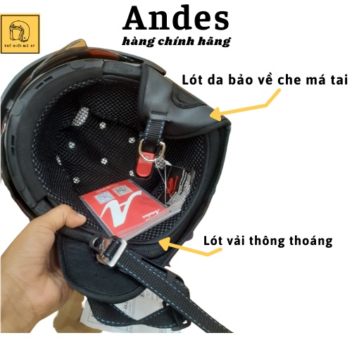 Mũ bảo hiểm nửa đầu Andes 139 kính âm màu đen nhám , lót mũ tháo rời vệ sinh, Thế Giới Mũ 87