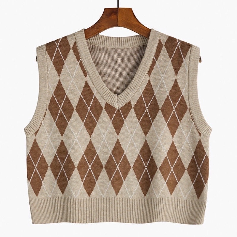 Áo len gile nữ dáng croptop hình thoi đan siêu chất