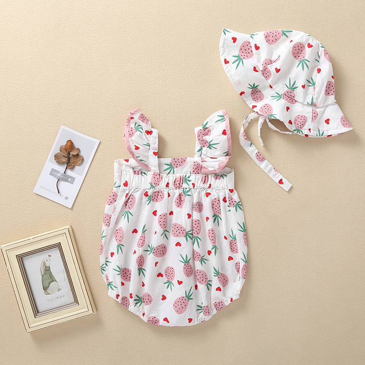 Newborn Baby Girl Romper Kids Lovely Fruit Jumpsuit Sleeveless Bodysuit Clothes+ Hat Set