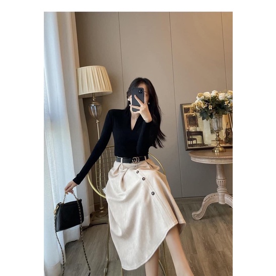 CHÂN VÁY DA LỘN DÁNG XOÈ DÀI 70CM KHOÁ SAU KÈM BELL