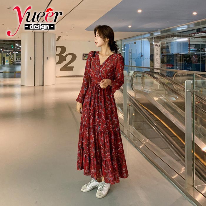 Đầm maxi nữ dài tay hoạ tiết hoa xinh xắn size S-Xl | BigBuy360 - bigbuy360.vn