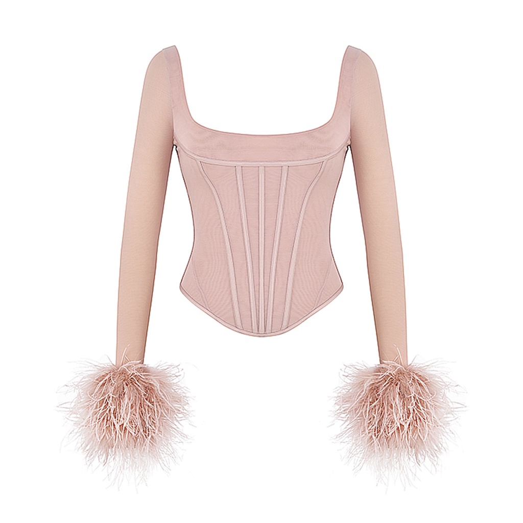 Hannie-Women´s Black Long Feather Sleeve Low Cut Flared Hem Slim Top