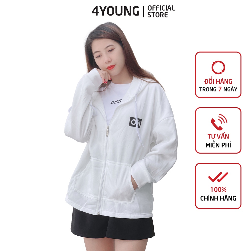 Áo khoác hoodie nữ form rộng có dây kéo 4YOUNG in chữ OH