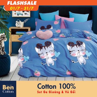 [FREESHIP] Bộ Ra Giường & Vỏ Gối Cotton 100% 1 Tấc 2 Tấc-ch-962 - 1m6 1m8 - BENCOTTON - Xanh Dương Hoạt Hình Em Bé Con v