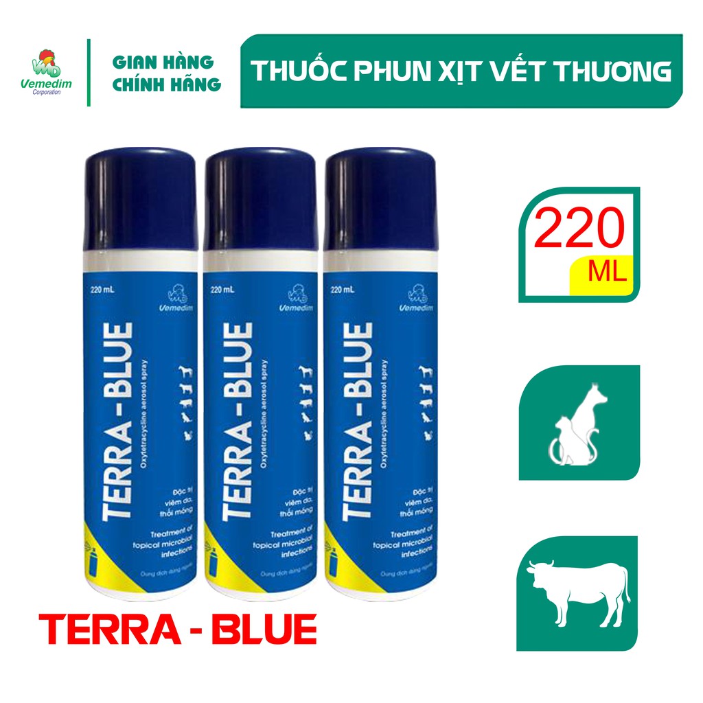 Vemedim Terra Blue thuốc phun xịt khi vật nuôi bị viêm da, nhiễm trùng vết thương, chai 220ml