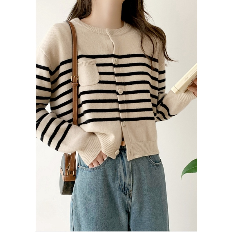 Áo kiểu ZHELIHANGFEI dệt kim tay dài dáng rộng họa tiết kẻ sọc phong cách Pháp dễ thương thời trang dành cho nữ