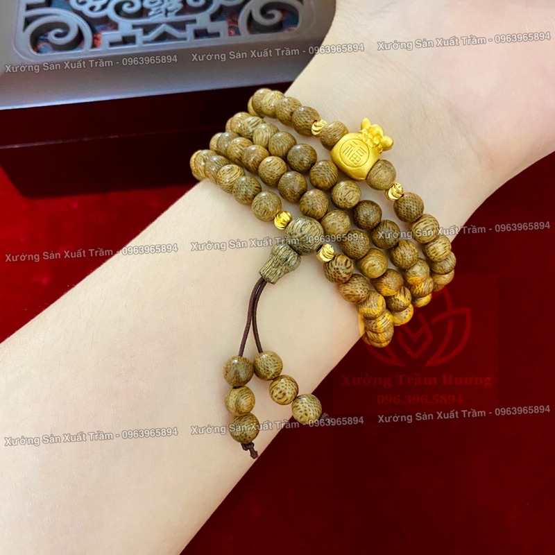 Chuỗi Trầm Hương 108 hạt mix Charm Túi Tiền Bạc 925 Phủ Vang - SIZE 6mm- Vòng tay gỗ nam nữ tự nhiên - Tốc &amp; Sánh