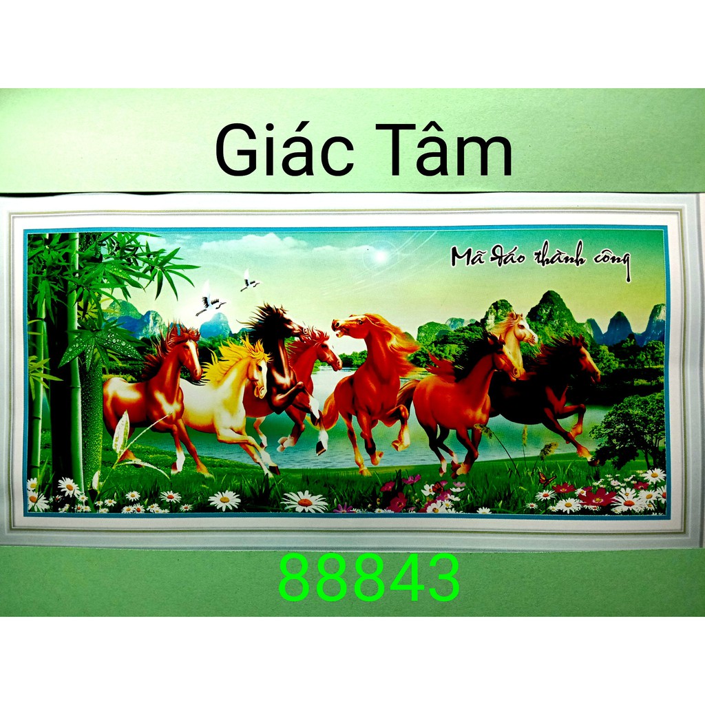 Tranh thêu MÃ ĐÁO THÀNH CÔNG - 159x75cm - 88843 - BÁT MÃ 8 NGỰA TRÚC BÔNG HOA CÚC CHỮ - tranh thêu chữ thập chưa thêu