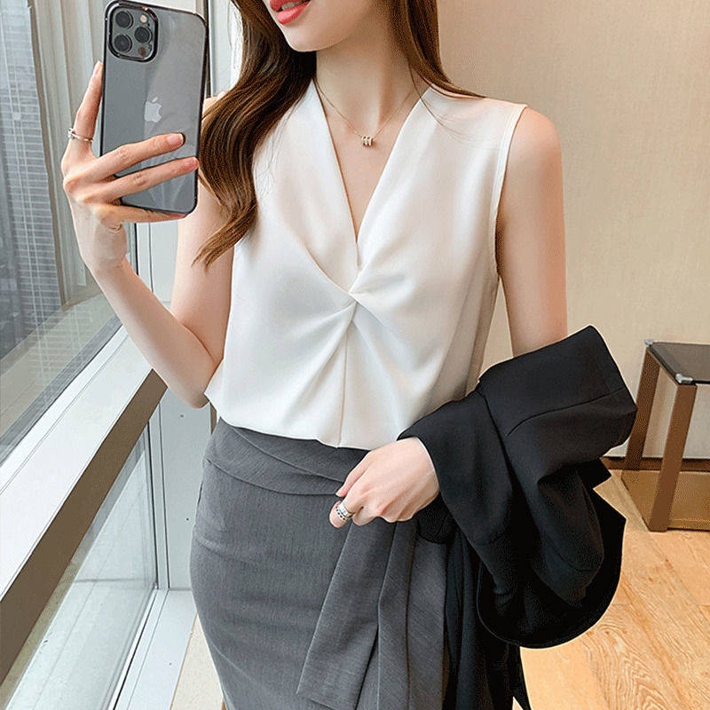 Áo Sơ Mi Chiffon Sát Nách Cổ Chữ V Thắt Nút Phong Cách Hàn Quốc Mẫu Mới 2021 Thời Trang Mùa Hè Cho Nữ