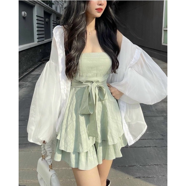 Set đầm cúp xanh mint đen hồng + áo khoác trắng | BigBuy360 - bigbuy360.vn