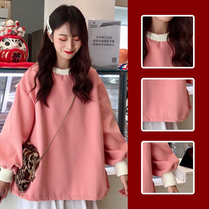 Áo Sweater Vải Cotton Phối Nhung Dáng Rộng Kiểu Hàn Quốc Cá Tính