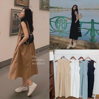 Váy sát nách dài, đầm maxi sát nách có túi hông dáng xòe - V41FG