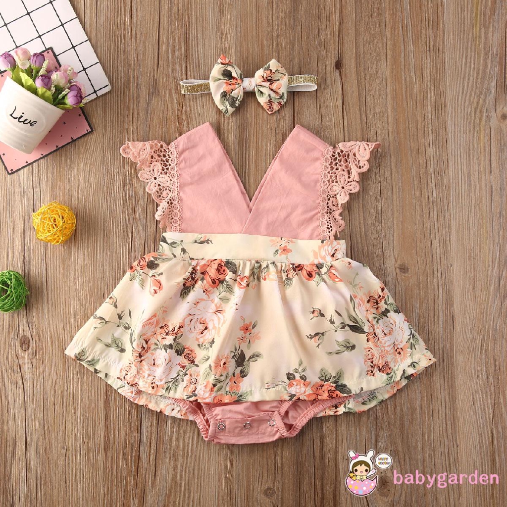 Jumpsuit Ren Hoa Tay Cánh Tiên + Băng Buộc Đầu Cho Bé Gái