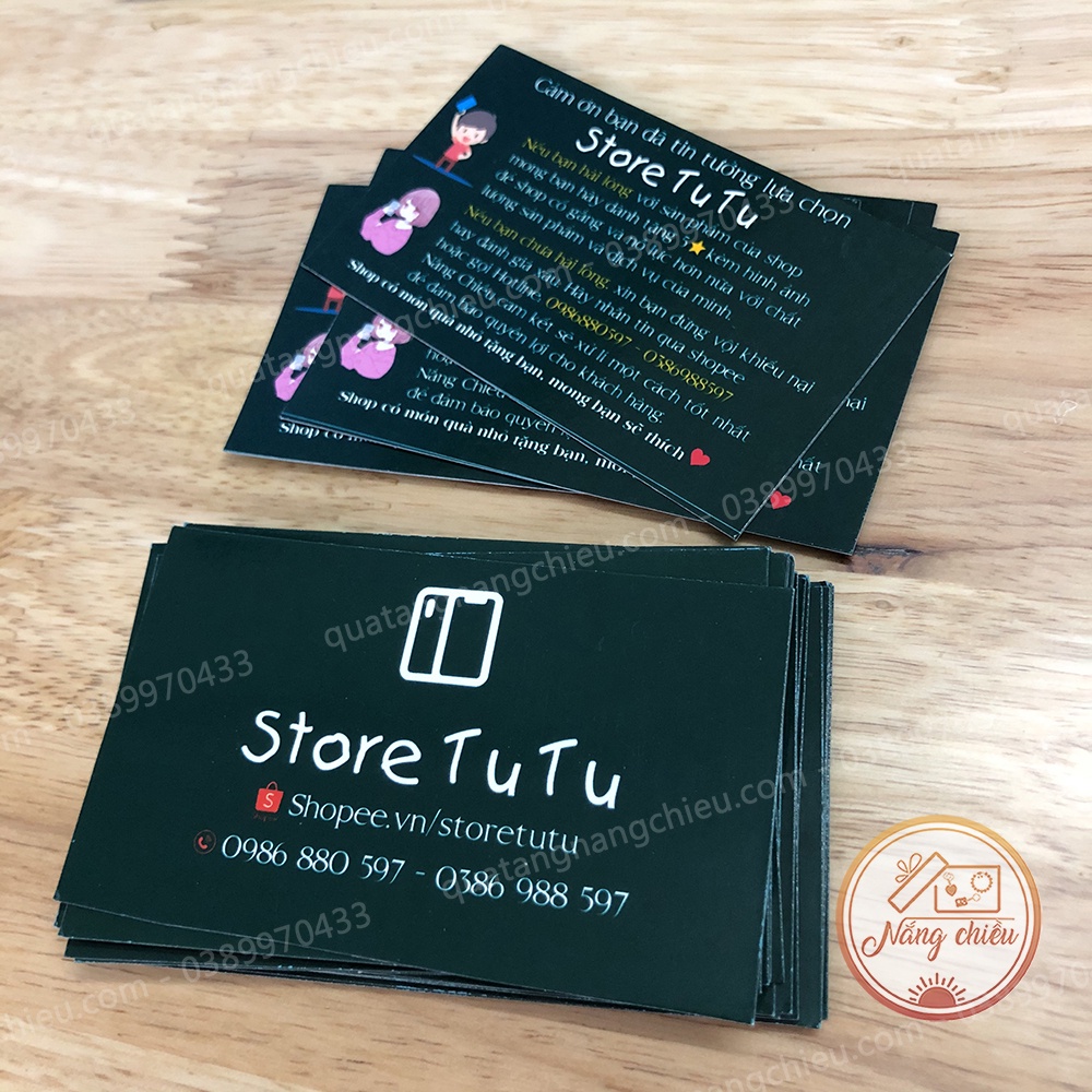 Hộp 50 tấm card visit in thông tin cửa hàng, kèm lời cảm ơn thiết kế theo yêu cầu