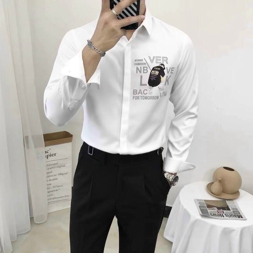 [FREE SHIP] SƠ MI NAM TAY DÀI TM HAI MÀU TRẮNG ĐEN PHONG CÁCH ĐẤNG MÀY RÂU TÀI TỬ VLTN SHOP