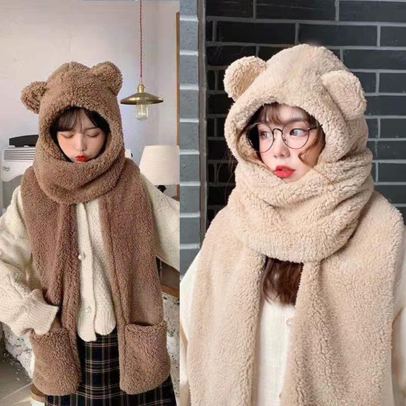 Mũ len phối khăn choàng bằng lông nhung giữ ấm bảo vệ vào mùa thu và đông