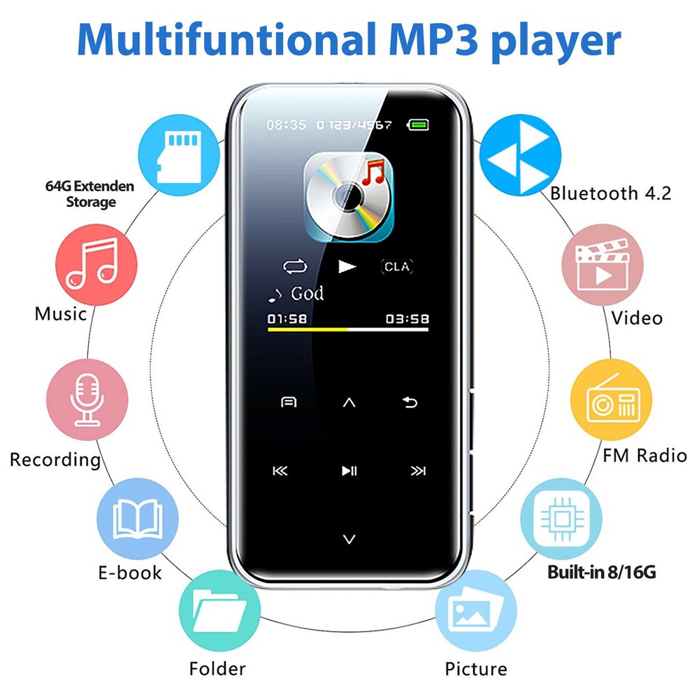 VIRWIR Máy Nghe Nhạc MP3 Kết Nối Bluetooth Màn Hình Cảm Ứng HiFi Tích Hợp Loa Chống Mất Cho Học Sinh