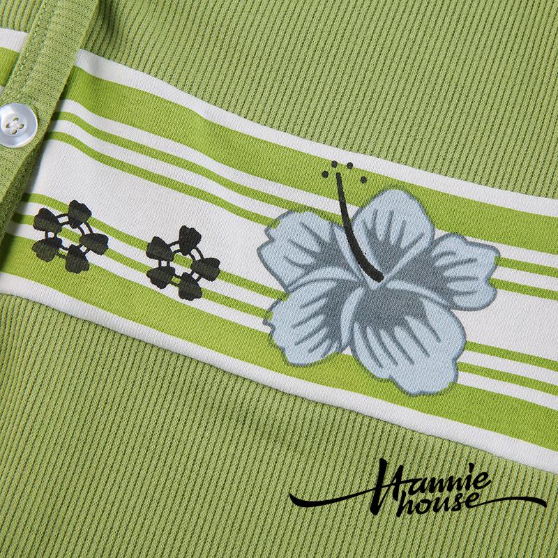 Áo croptop dệt kim tay ngắn cổ V cài nút in hình hoa quyến rũ cho nữ