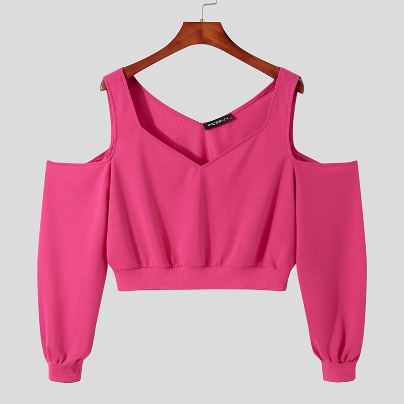 Áo crop top INCERUN tay dài phồng cổ chữ V 3 màu sắc tùy chọn thời trang dành cho nam
