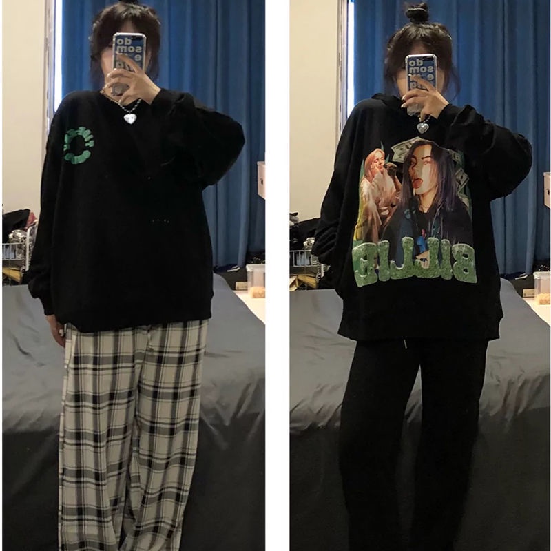 Áo Hoodie Dáng Rộng Màu Đen Thời Trang Cho Nữ