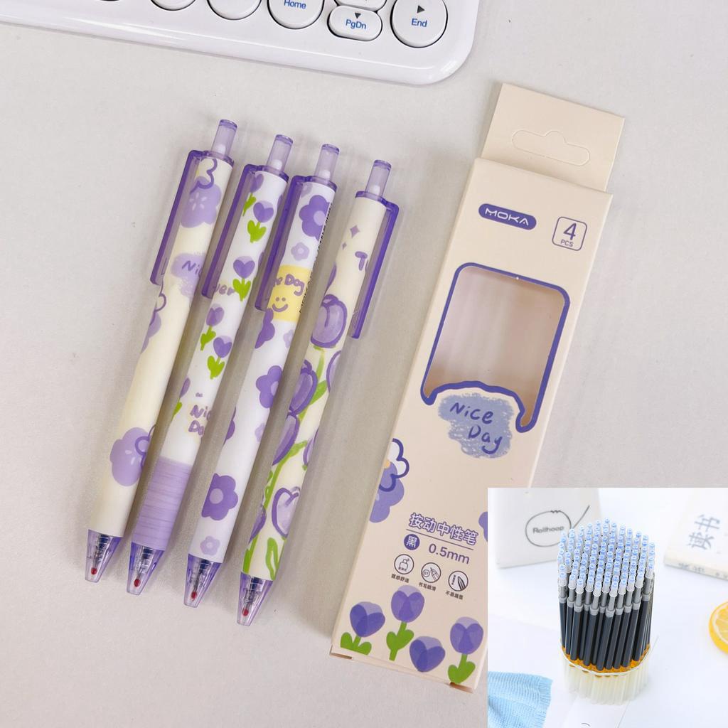Combo hộp 4 bút bi bấm họa tiết dễ thương, bút bi gel mực đen cute có chặn ngòi và 10 thay thế mực đen