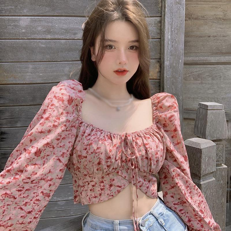 Áo Sơ Mi Chiffon Tay Dài Cổ Vuông In Họa Tiết Hoa Quyến Rũ Cho Nữ