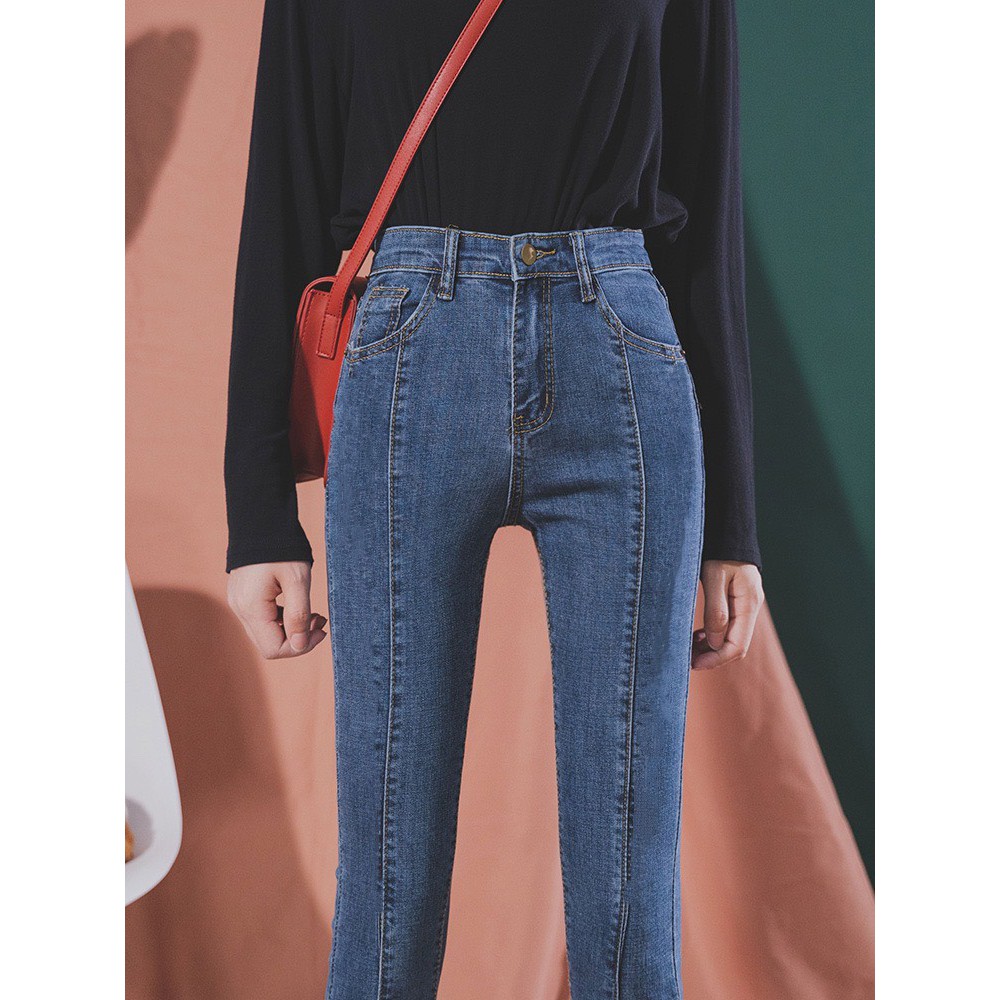 Quần jean dài BIG SIZE lưng cao, co dãn mạnh, màu xanh nhạt có sọc giữa có size 65kg~90kg dành cho người béo 1508