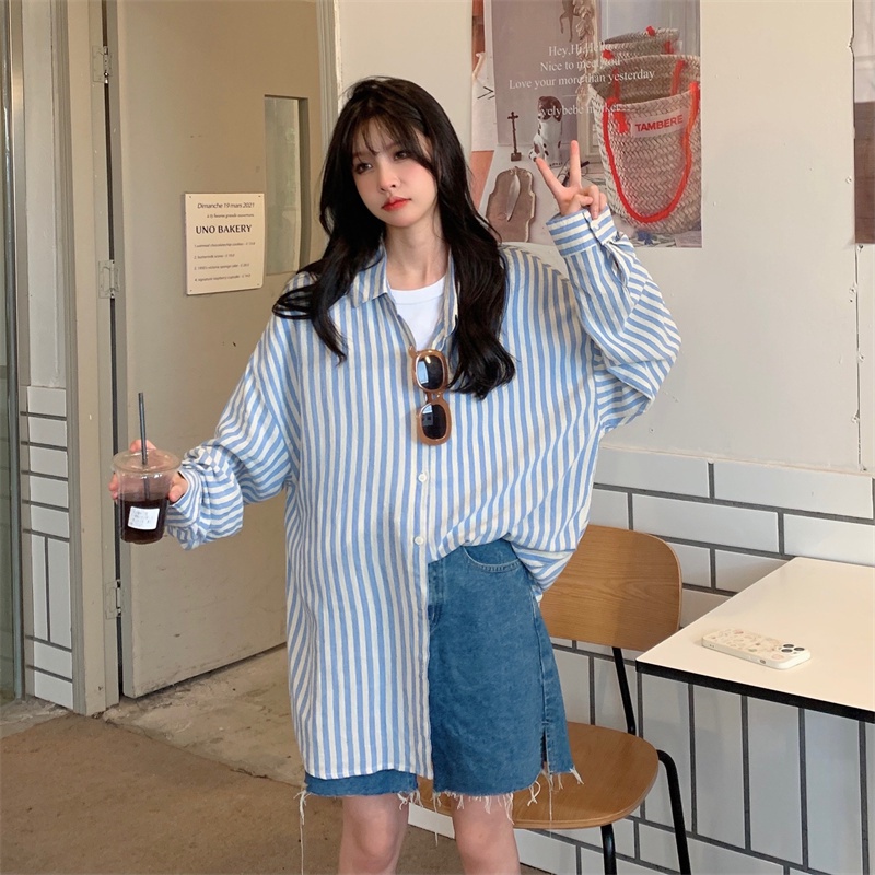 Áo Sơ Mi Chống Nắng Tay Dài Dáng Rộng Họa Tiết Kẻ Sọc Dọc Thoáng Khí Phong Cách Mới