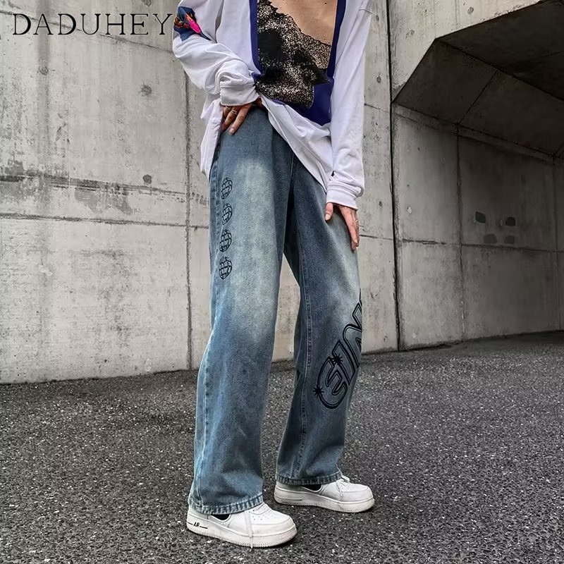 DaDuHey Men's Autumn American Gradient Loose Wide Leg Jeans Ins High Street Fashion Brand Straight Casual Pants