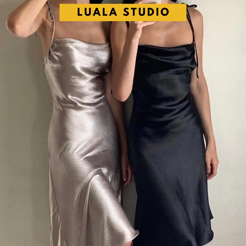 Đầm lụa dự tiệc Luala thiết kế nhún ngực sexy sang chảnh, tà vạt xéo, vai cột dây được nhiều kiểu, chất liệu satin đẹp