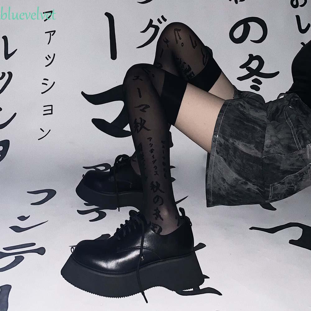 Tất vải lụa nylon mỏng cao ngang đầu gối thoáng khí màu đen xuyên thấu phong cách Hàn Nhật cho phụ nữ
